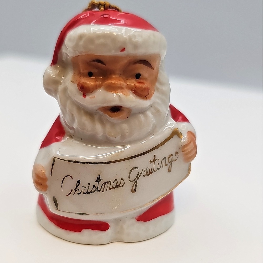 • Vintage Ceramic Santa Claus Bell Ornament Christmas Greetings Japan MCM 1950s